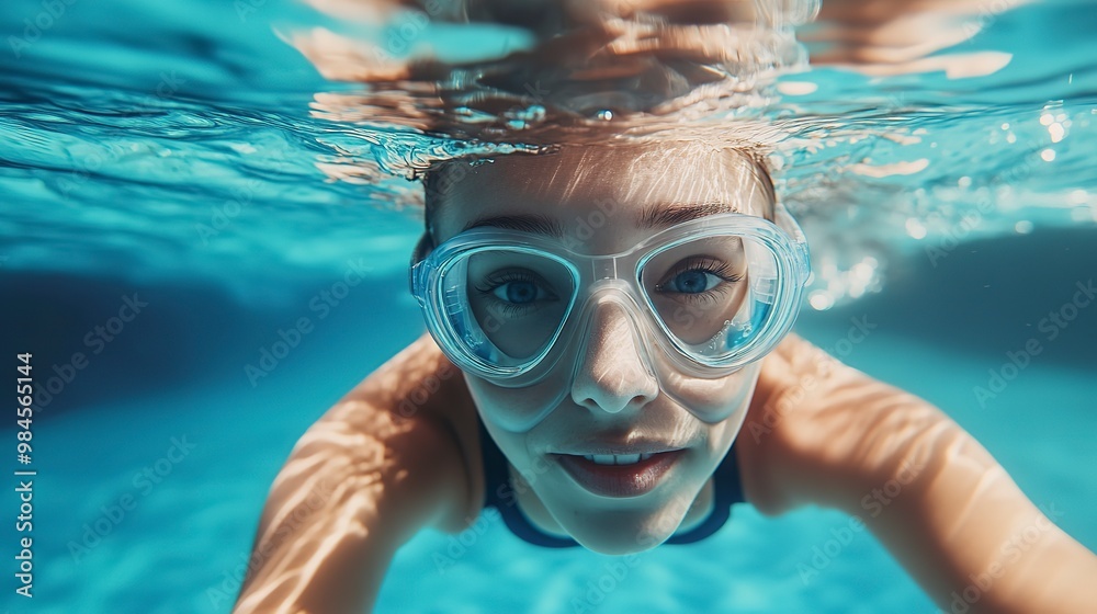 Naklejka premium Young woman in goggles and cap swimming underwater in pool 