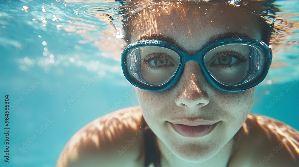 Fototapeta premium Young woman in goggles and cap swimming underwater in pool