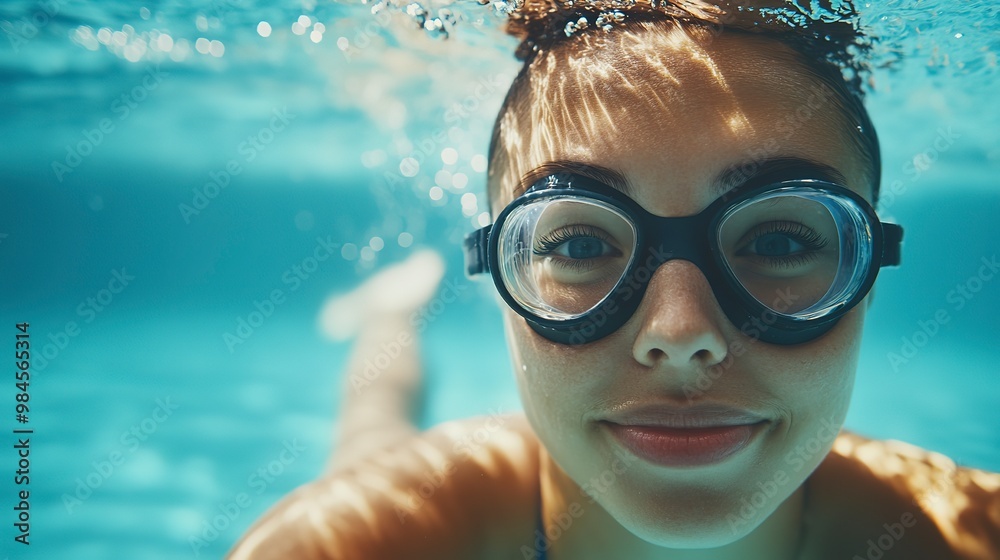 Naklejka premium Young woman in goggles and cap swimming underwater in pool 