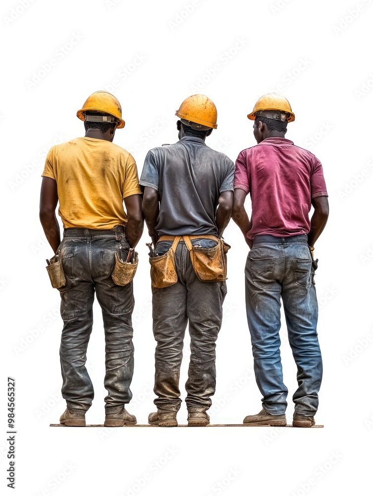 Three men wearing hard hats and safety vests stand together Three men wearing hard hats and safety vests stand together