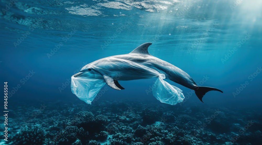 Fototapeta premium A dolphin struggling with a plastic bag wrapped around its body underwater, representing the impact of marine pollution on wildlife.