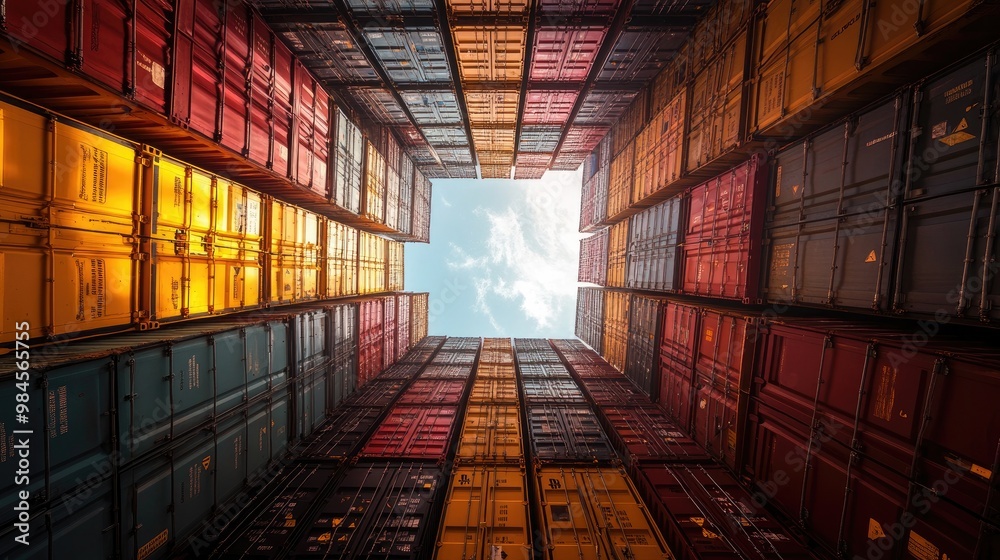 A low-angle view of brightly colored shipping containers stacked high, forming a geometric frame around a clear blue sky with clouds.
