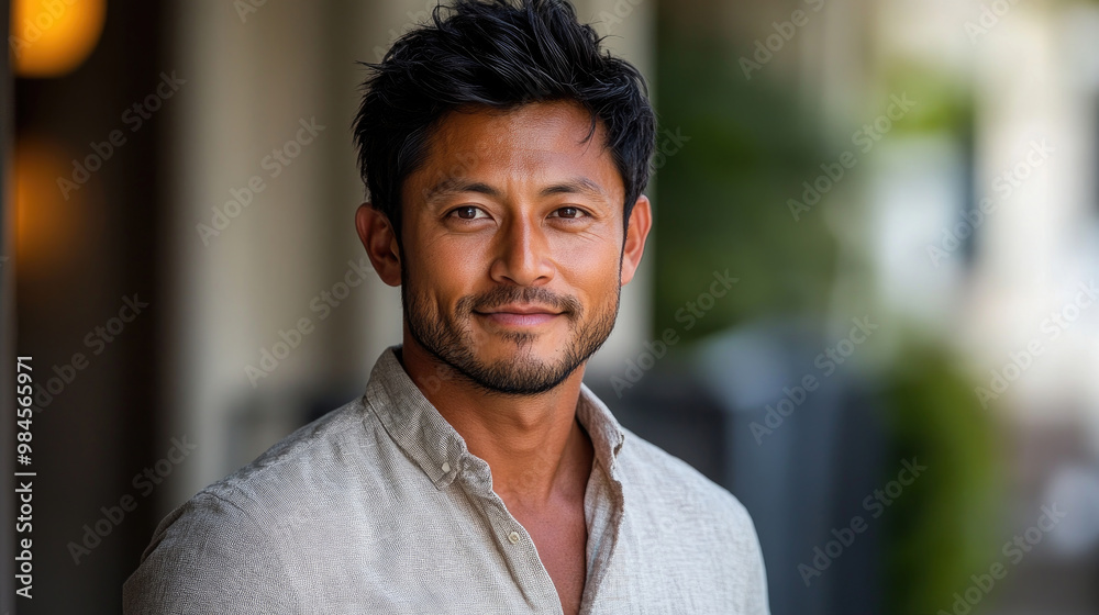 A confident man stands outdoors, smiling warmly while wearing a casual button-up shirt, with soft natural light illuminating his features A confident man stands outdoors, smiling warmly while wearing a casual button-up shirt, with soft natural light illuminating his features