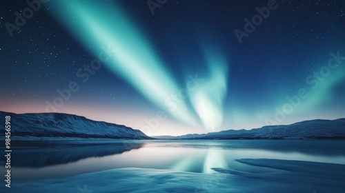 Stunning aurora borealis dancing over a tranquil frozen lake under a starry night sky, creating a breathtaking natural spectacle.