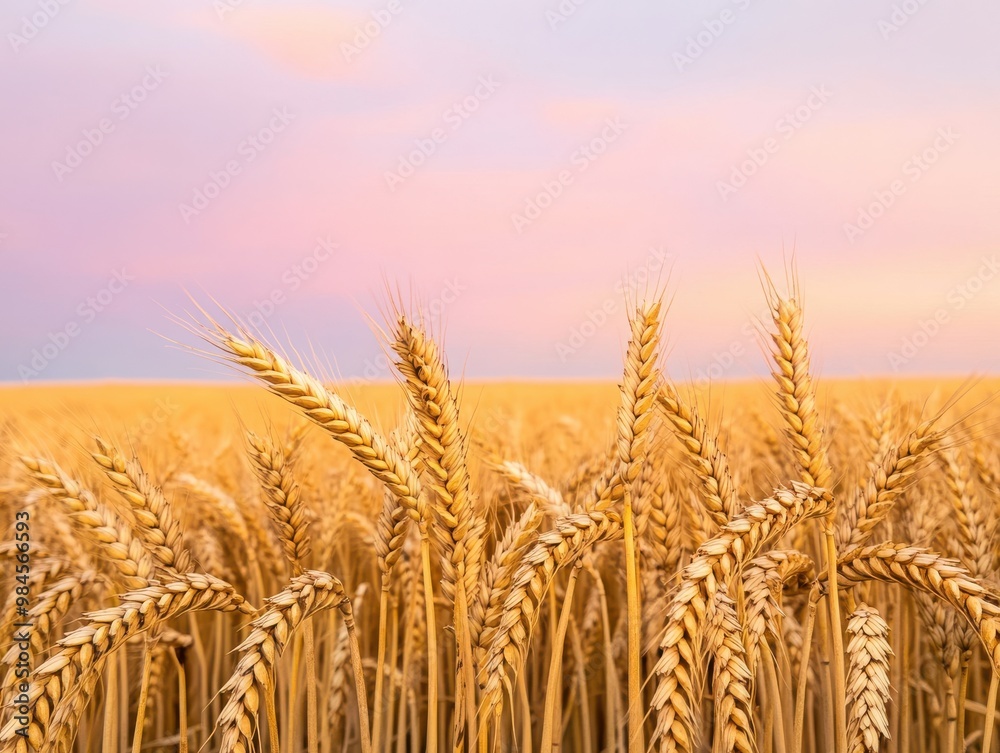 Fototapeta premium Golden wheat field under a colorful sky at sunset, showcasing nature's beauty and agricultural abundance.