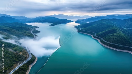 A beautiful blue lake with mountains in the background photo