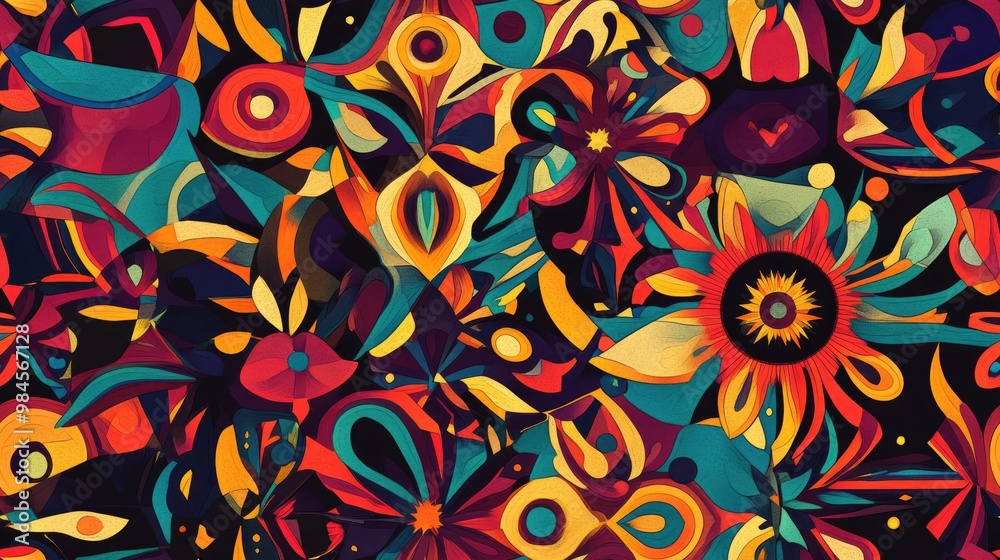 Fototapeta premium Abstract Puzzles Concept with Symmetric Pattern and Ornamental Decorative Kaleidoscope Featuring Geometric Circle and Star Shapes