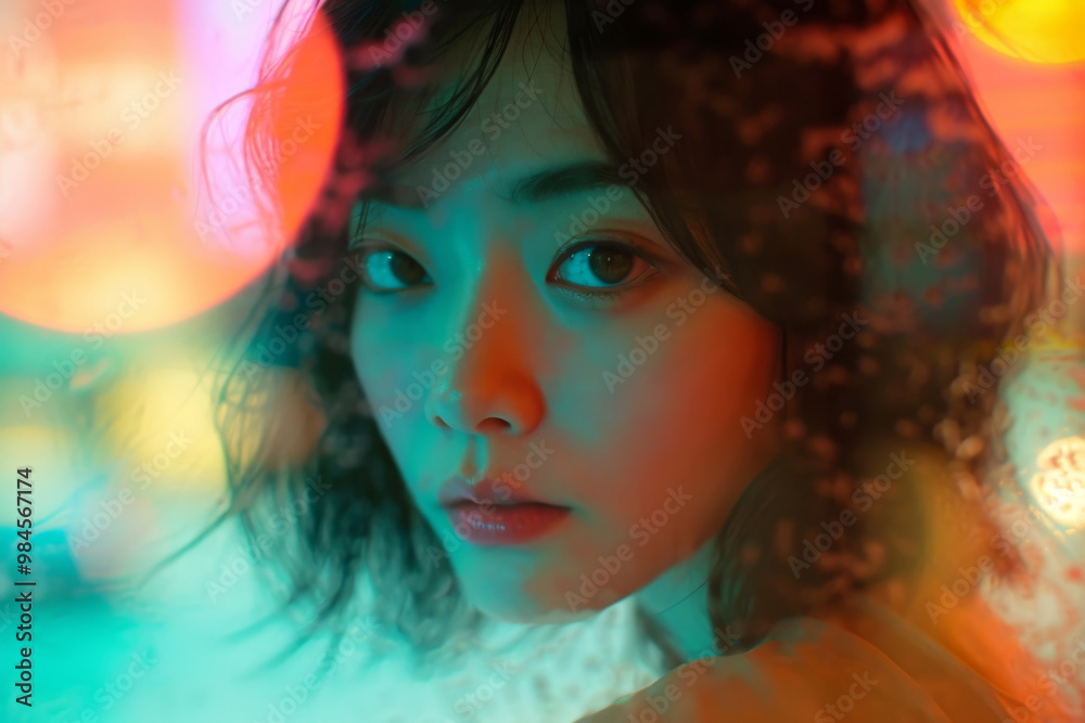 Fototapeta premium Close up portrait of asian woman with wet hair, highlighted by dramatic lighting and vibrant colors, evoking an emotional and intense atmosphere