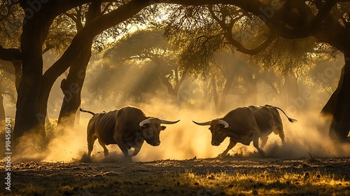 Two Bulls Facing Off in a Dusty Forest at Sunset, Power and Dominance