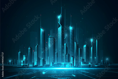 Cityscape on dark blue background with bright glowing neon. Technology city background. Vector Illustration.