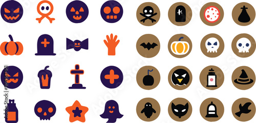 A vibrant collection of Halloween-themed icons featuring pumpkins, ghosts, skulls, bats, witch hats, black cats, spider webs, and candy corns.