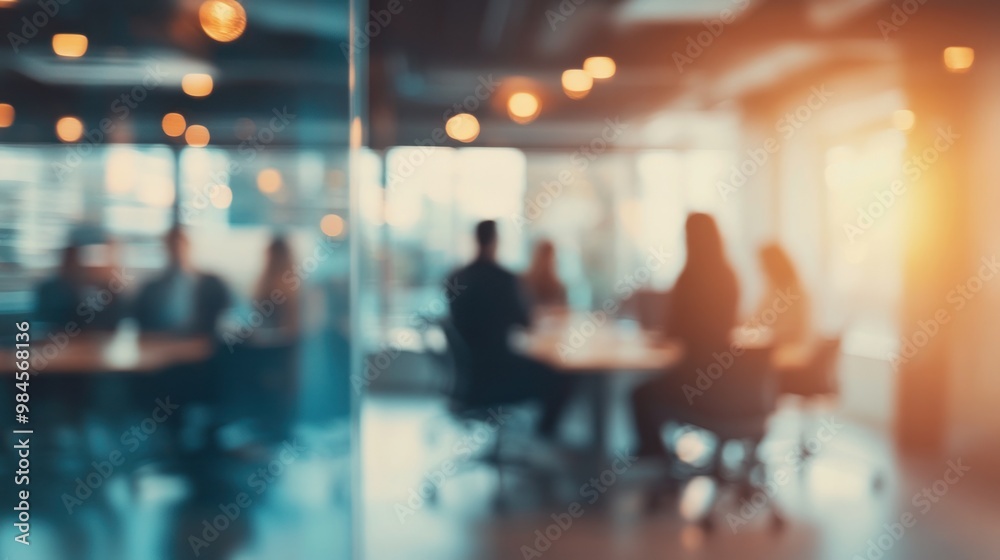 A blurred image of a business meeting with people seated around a table. A blurred image of a business meeting with people seated around a table.