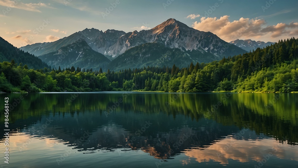 Majestic mountain landscape with a serene lake and vibrant greenery. Majestic mountain landscape with a serene lake and vibrant greenery.