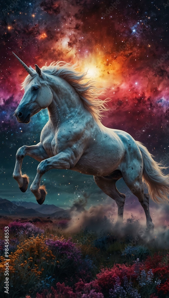 Majestic unicorn leaping through a vibrant cosmic landscape. Majestic unicorn leaping through a vibrant cosmic landscape.