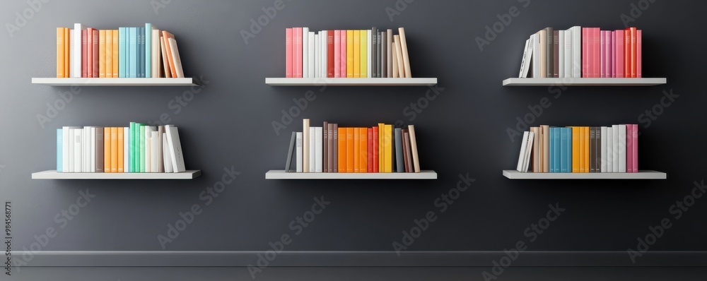 Fototapeta premium Colorful books on modern shelves against a dark wall, creating a stylish and organized appearance for any reading space.
