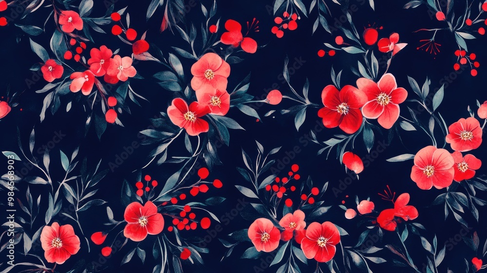 Seamless pattern featuring small red flowers bouquets and green branches against a deep blue background Watercolor design Seamless pattern featuring small red flowers bouquets and green branches against a deep blue background Watercolor design