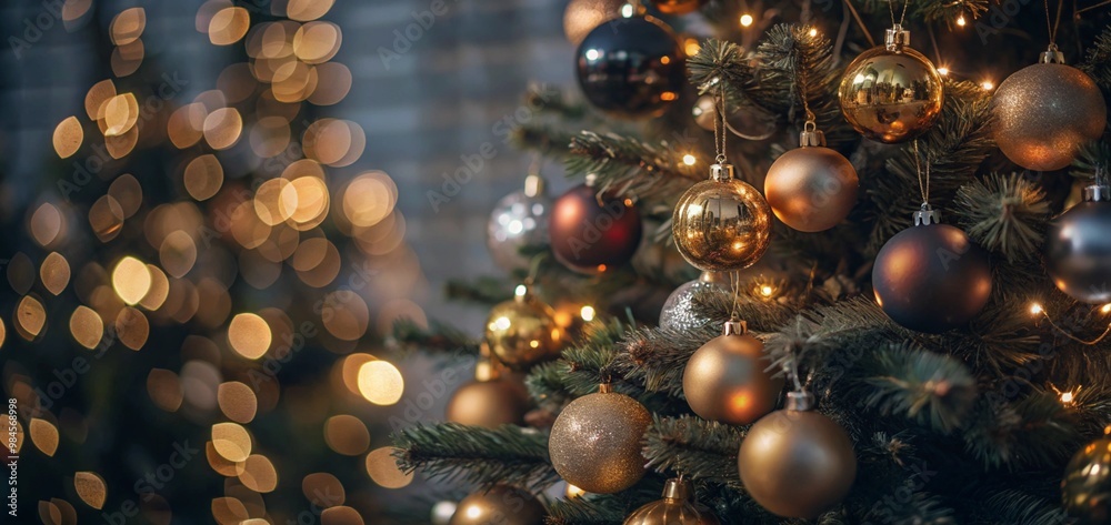Christmas Tree With Baubles balls And Blurred Shiny Lights ornaments decoration Christmas Tree With Baubles balls And Blurred Shiny Lights ornaments decoration