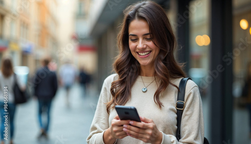 Young middle eastern brunette woman in casual clothes using mobile cellphone app for communication, shopping, buying, trading online. Smiling arabian girl holding smartphone phone, scrolling, typing