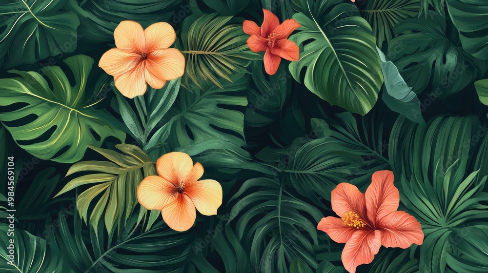 Fototapeta premium Seamless pattern illustration of tropical plants and flowerheads