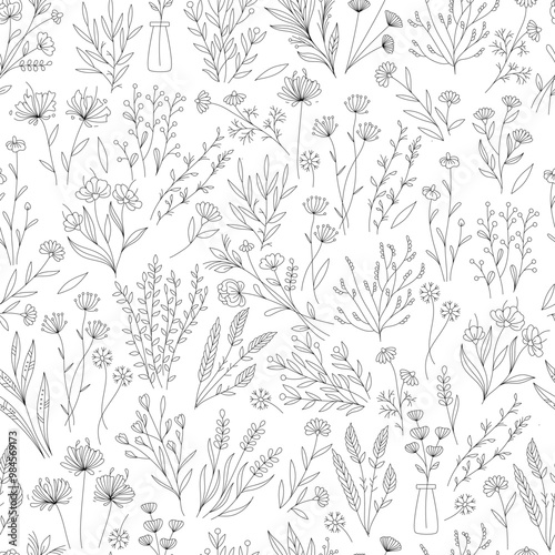 Cute flowers, linear black and white herbal seamless pattern, hand drawn line art 