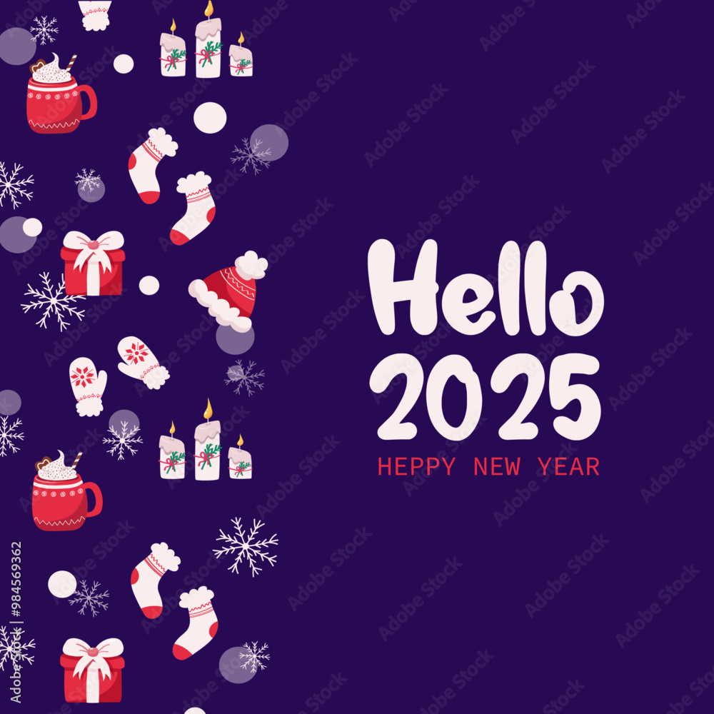 Hello 2025 Happy New Year vector illustration with winter elements Hello 2025 Happy New Year vector illustration with winter elements
