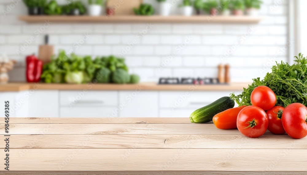 A clean wooden kitchen table with fresh vegetables in a bright and modern kitchen setting. A clean wooden kitchen table with fresh vegetables in a bright and modern kitchen setting.