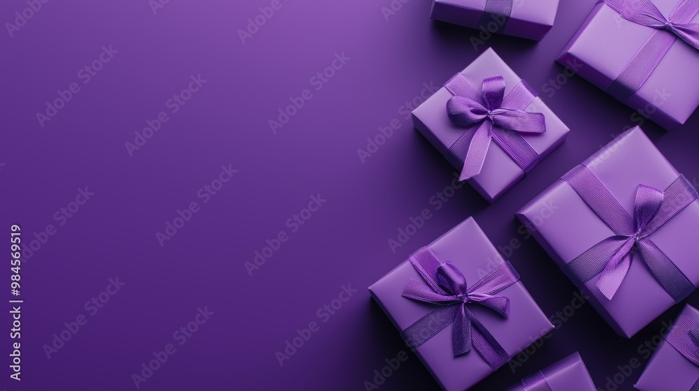 A collection of purple gift boxes arranged on a solid purple background, highlighting the richness of the color. A collection of purple gift boxes arranged on a solid purple background, highlighting the richness of the color.
