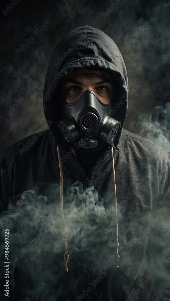 Man in Hood and Gas Mask Surrounded by Smoke Man in Hood and Gas Mask Surrounded by Smoke
