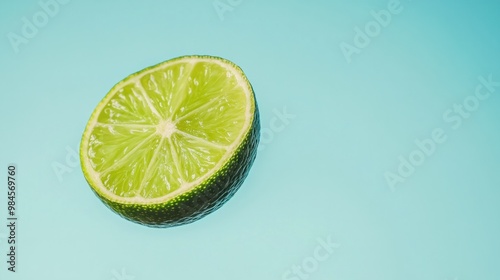 A thin lime slice falling gently through the air, vibrant green against a pastel blue background.