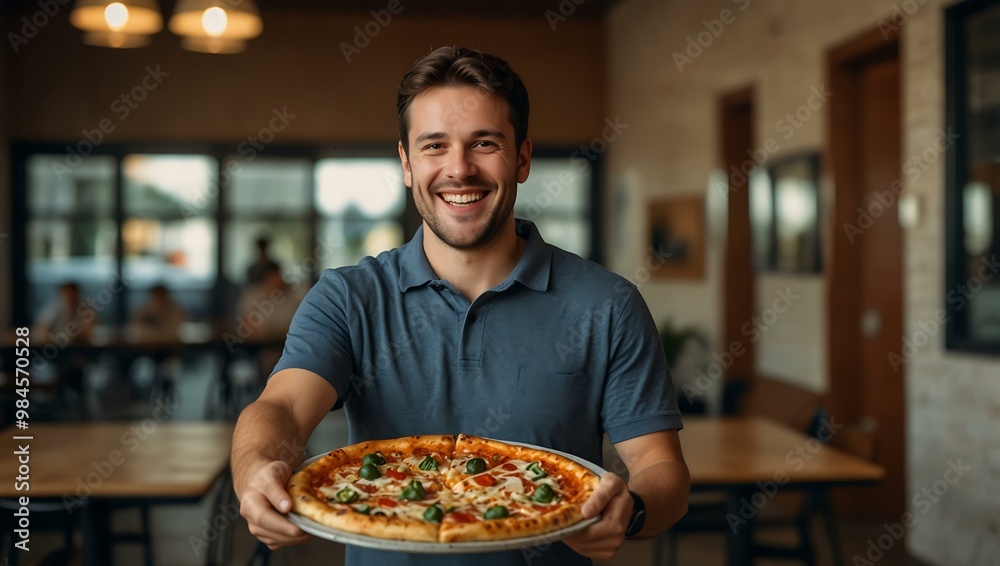 Man with playful grin holding pizza and giving a thumbs up. Man with playful grin holding pizza and giving a thumbs up.