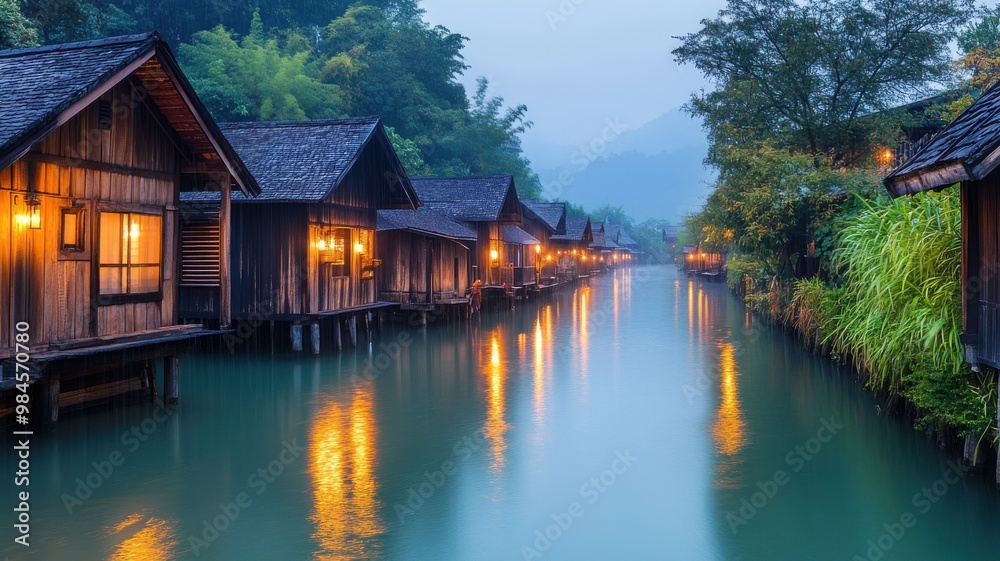 Tranquil river view at twilight with wooden houses lined along the peaceful water, surrounded by lush greenery and soft lights. Tranquil river view at twilight with wooden houses lined along the peaceful water, surrounded by lush greenery and soft lights.