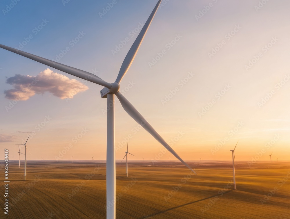 Obraz premium Stunning sunset view of wind turbines in an expansive landscape, symbolizing renewable energy and sustainable future.
