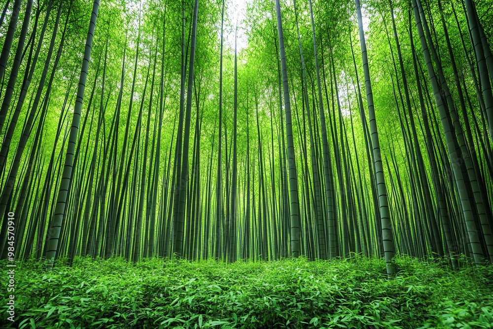 A dense bamboo forest, with tall green stalks reaching toward the sky, creating a tranquil, serene atmosphere A dense bamboo forest, with tall green stalks reaching toward the sky, creating a tranquil, serene atmosphere