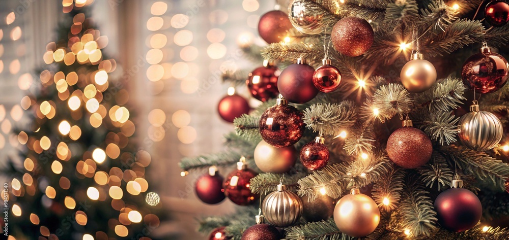 Christmas Tree With Baubles balls And Blurred Shiny Lights ornaments decoration Christmas Tree With Baubles balls And Blurred Shiny Lights ornaments decoration