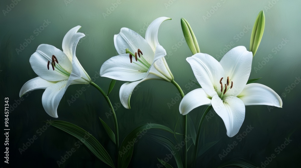 A serene scene of white lilies in bloom, with subtle highlights and shadows capturing their grace. A serene scene of white lilies in bloom, with subtle highlights and shadows capturing their grace.