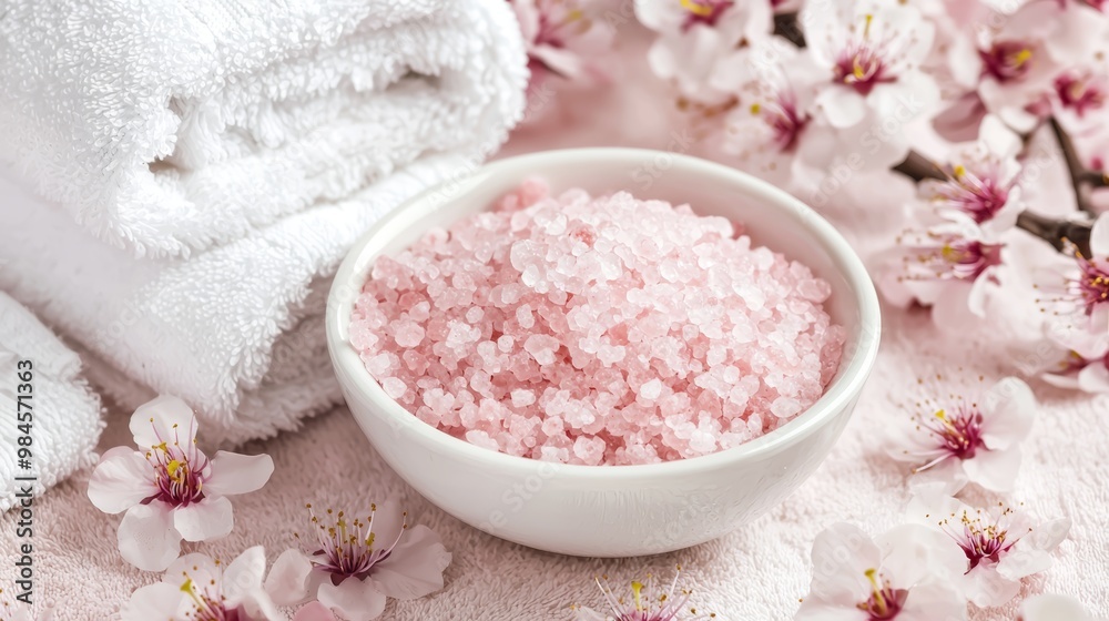A serene spa setup featuring a bowl of pink bath salts surrounded by soft towels and cherry blossoms.