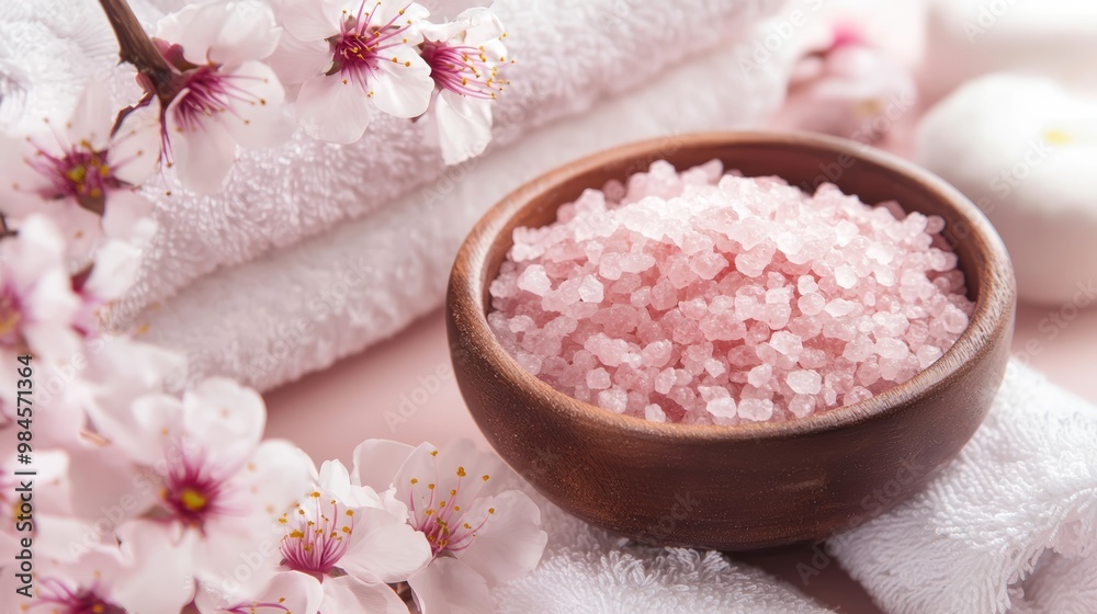 A serene spa setup featuring a bowl of pink bath salts surrounded by soft towels and cherry blossoms. A serene spa setup featuring a bowl of pink bath salts surrounded by soft towels and cherry blossoms.