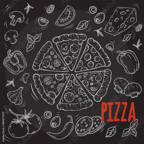 Illustrations of pizza and ingredients on a black board. Italian cuisine set. Pizza illustration on doodle style. Vector