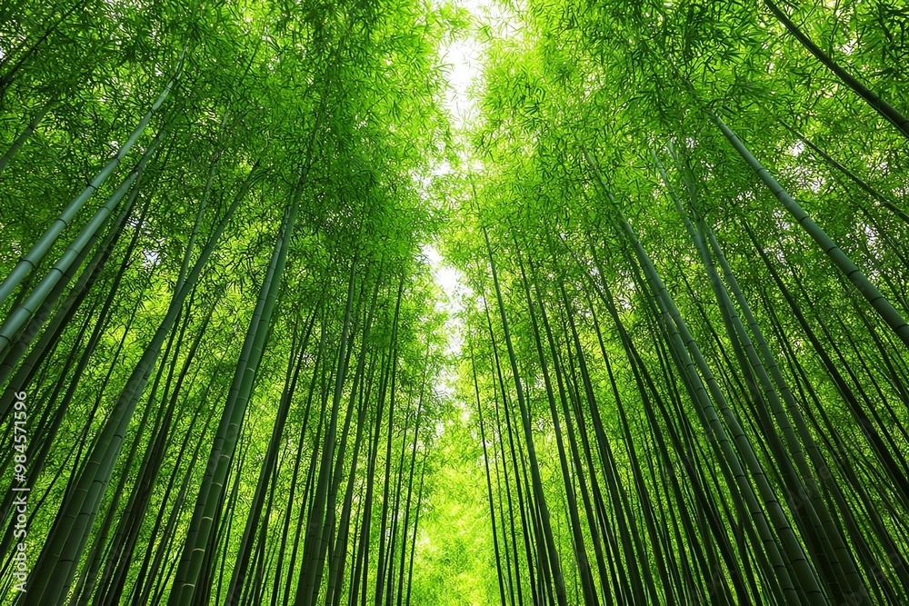 A dense bamboo forest, with tall green stalks reaching toward the sky, creating a tranquil, serene atmosphere A dense bamboo forest, with tall green stalks reaching toward the sky, creating a tranquil, serene atmosphere