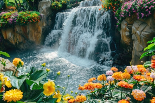 A serene waterfall surrounded by vibrant flowers in a beautiful garden setting, perfect for use as a nature-inspired background or decorative element