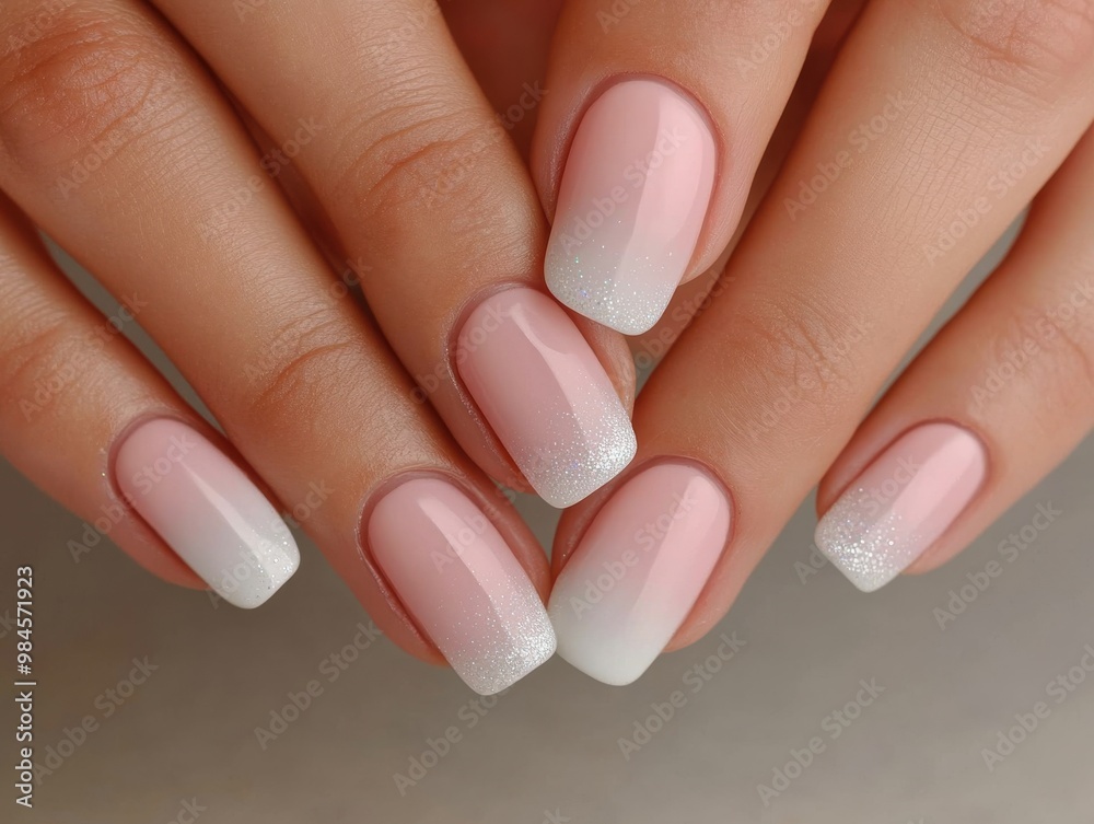 Elegant ombre manicure featuring soft pink and white gradient for a stylish look. Elegant ombre manicure featuring soft pink and white gradient for a stylish look.