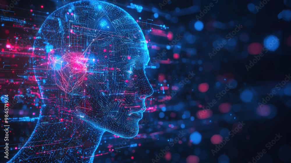 Futuristic AI head with holographic data streams, showcasing advanced technology and digital connections. This image evokes sense of innovation and future of artificial intelligence Futuristic AI head with holographic data streams, showcasing advanced technology and digital connections. This image evokes sense of innovation and future of artificial intelligence