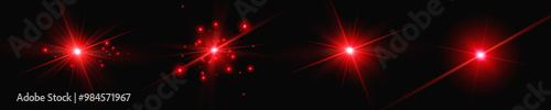 Red light  effect reflections, neon illumination in red colors. Bright light lens. Police light effects, lines. Shiny stars, glowing sparks on a black background. Vector