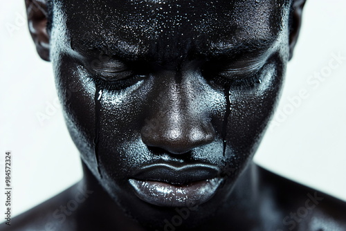 closeup of a face of a crying black man on white background