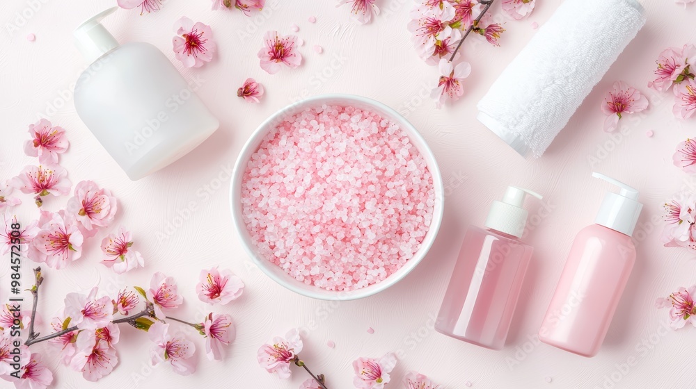 A calming spa flat lay with pink bath salts, cherry blossoms, and elegant toiletries for a soft aesthetic. A calming spa flat lay with pink bath salts, cherry blossoms, and elegant toiletries for a soft aesthetic.