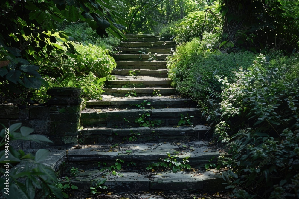 Steps leading through a forested area with lush greenery and natural surroundings Steps leading through a forested area with lush greenery and natural surroundings