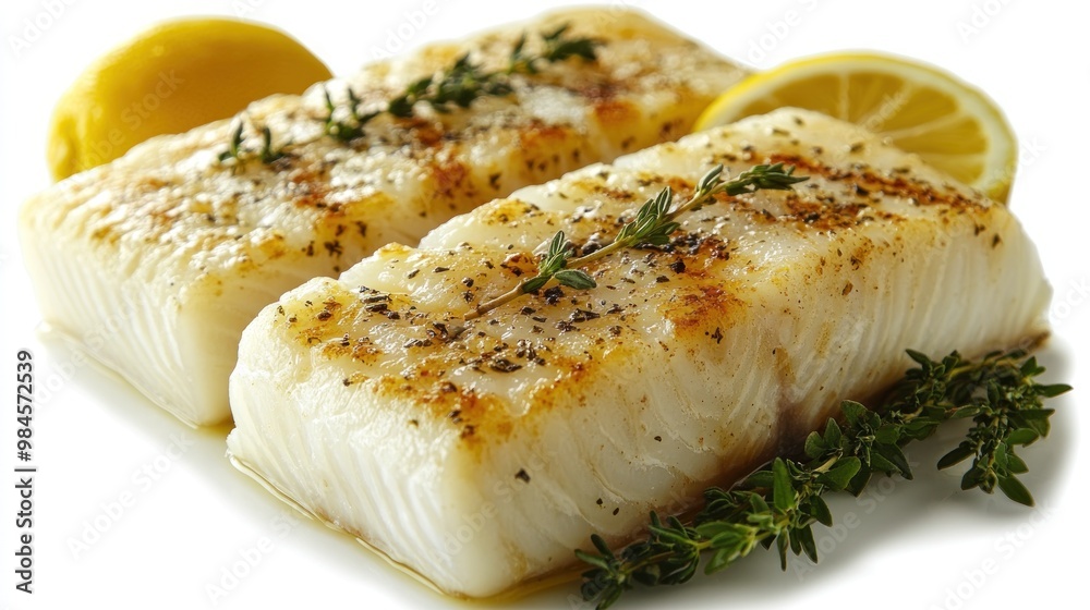 Grilled fish fillets garnished with lemon and thyme. Grilled fish fillets garnished with lemon and thyme.