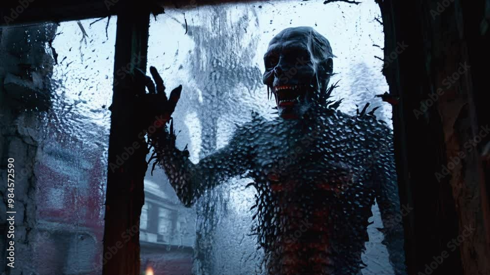 Halloween zombie through the frosted glass of an abandoned window