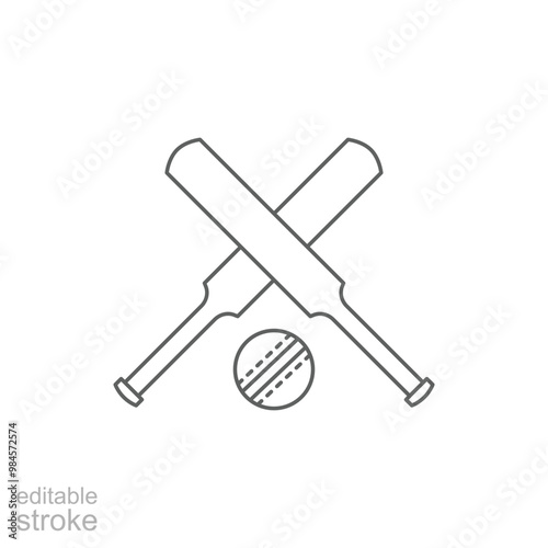 Cricket bat ball icon icon. Simple outline style. Crossed cricket bats with ball, accessories, wood, wicket, baseball, sport concept. Thin line symbol. Vector illustration isolated. Editable stroke.