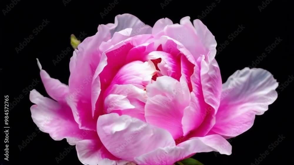 A peony blooms quickly against a dark velvet background, with its petals spiraling open to reveal bright pink and white hues A peony blooms quickly against a dark velvet background, with its petals spiraling open to reveal bright pink and white hues